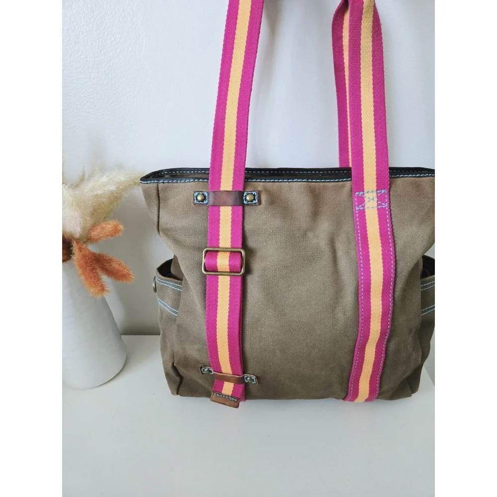 VTG 90s GAP 1969 Canvas‎ Brown Leather Y2K Tote Carry All Bag Handbag Shopper